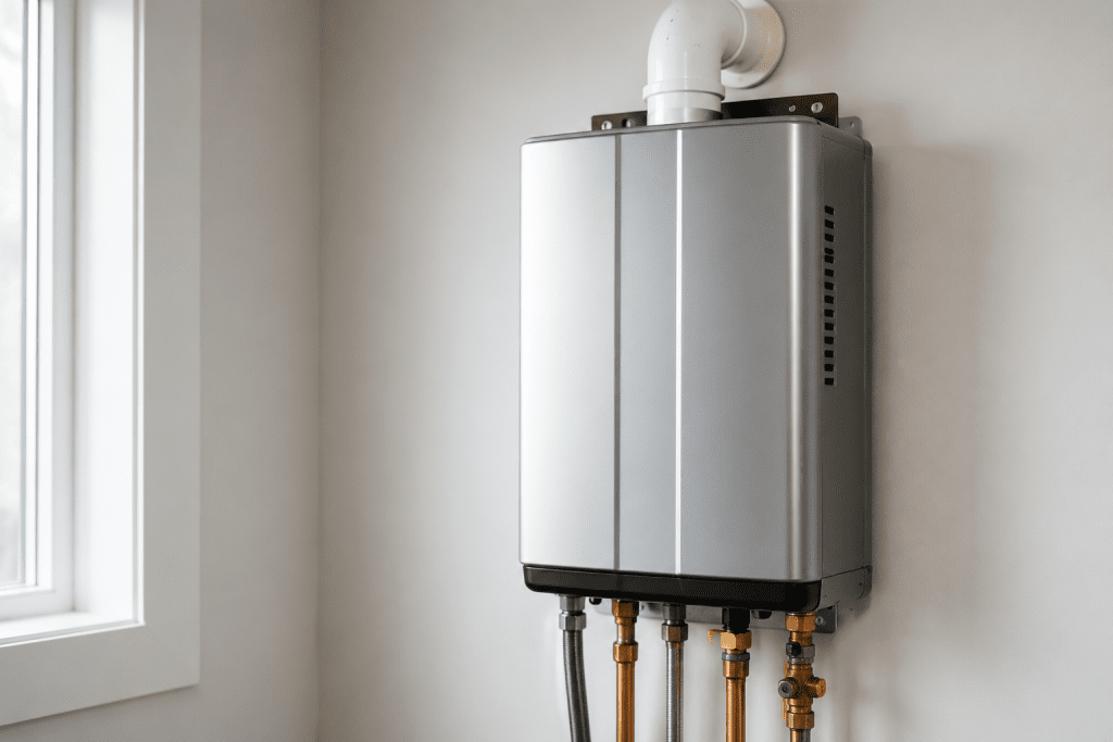 A tankless water heater prompting the question "Are tankless hot water heaters worth it?"